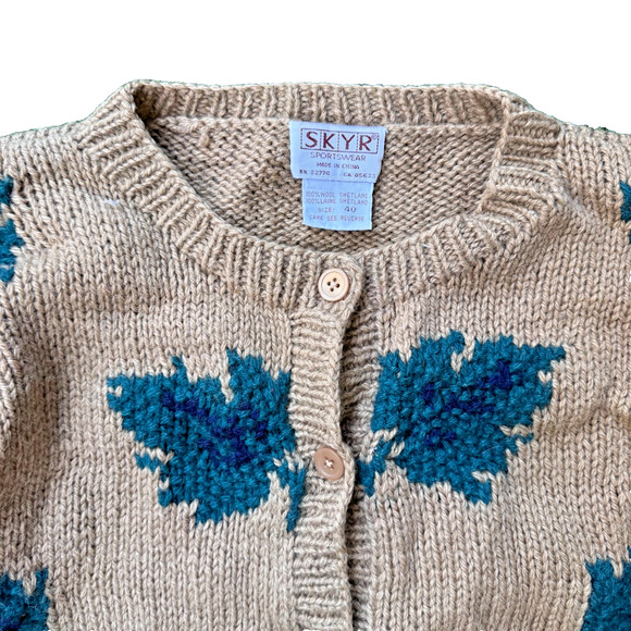Vintage SKYR Shetland Wool Cardigan Size 40 Med Heavy Knit Tan Green 20x24 EUC - Picture 3 of 8